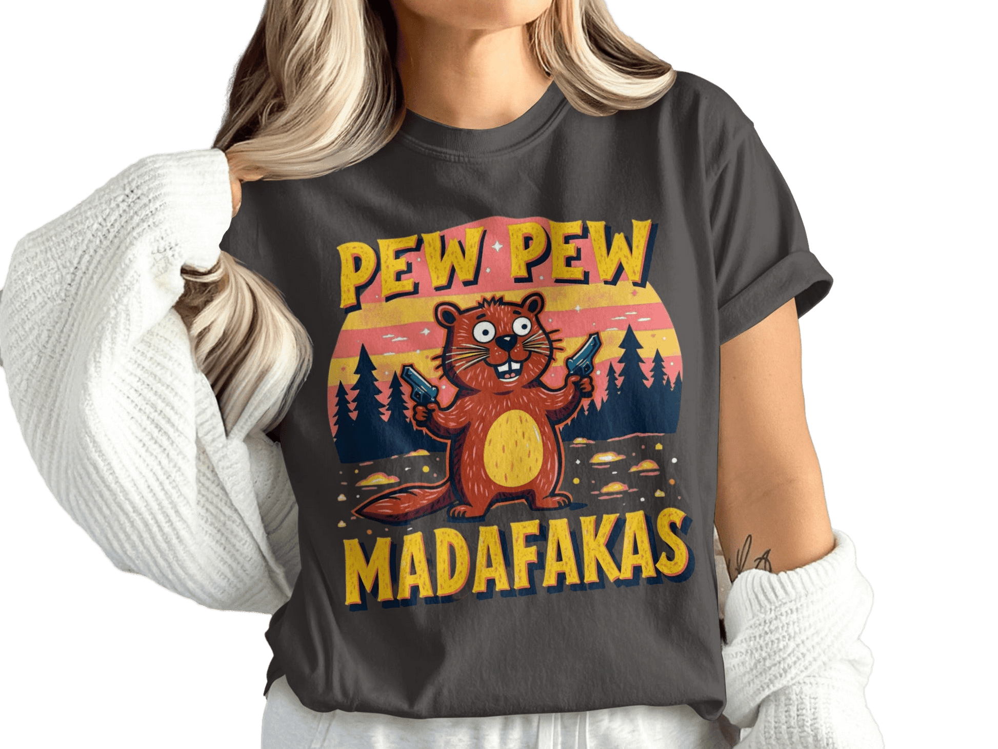 T-Shirt Pew Pew Madafakas, Funny Beaver Shirt, Animal Tee, Sarcastic Shirt, Meme Shirt, Novelty T Shirt, Trendy Tee, Graphic Shirt - IconVexa