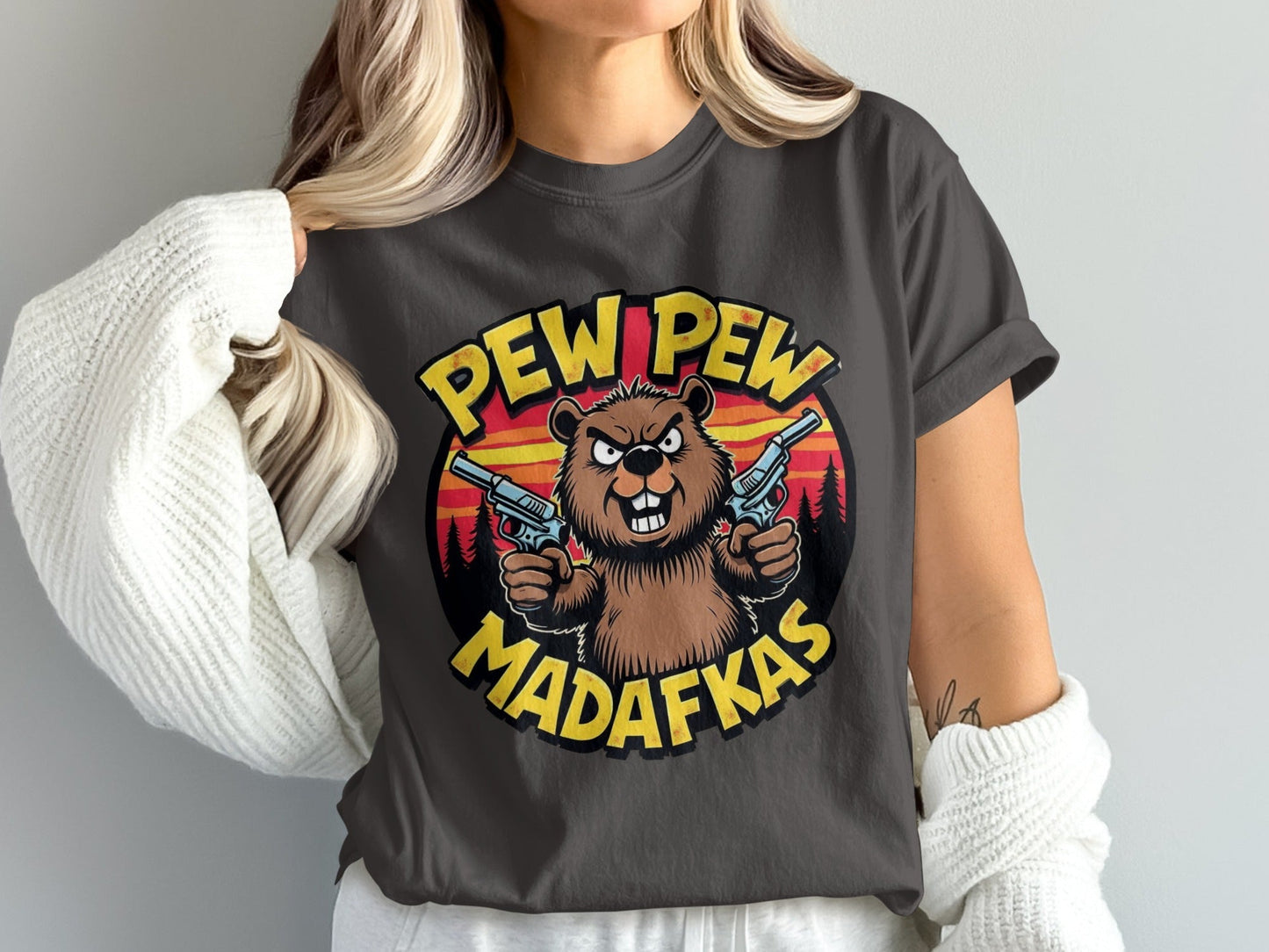 T-Shirt Pew Pew Madafkas Beaver, Tee Shirt Funny Animal, Beaver T-Shirt, Offensive T-Shirt, Novelty Tee, Graphic Tee Shirt, Funny TShirt - IconVexa