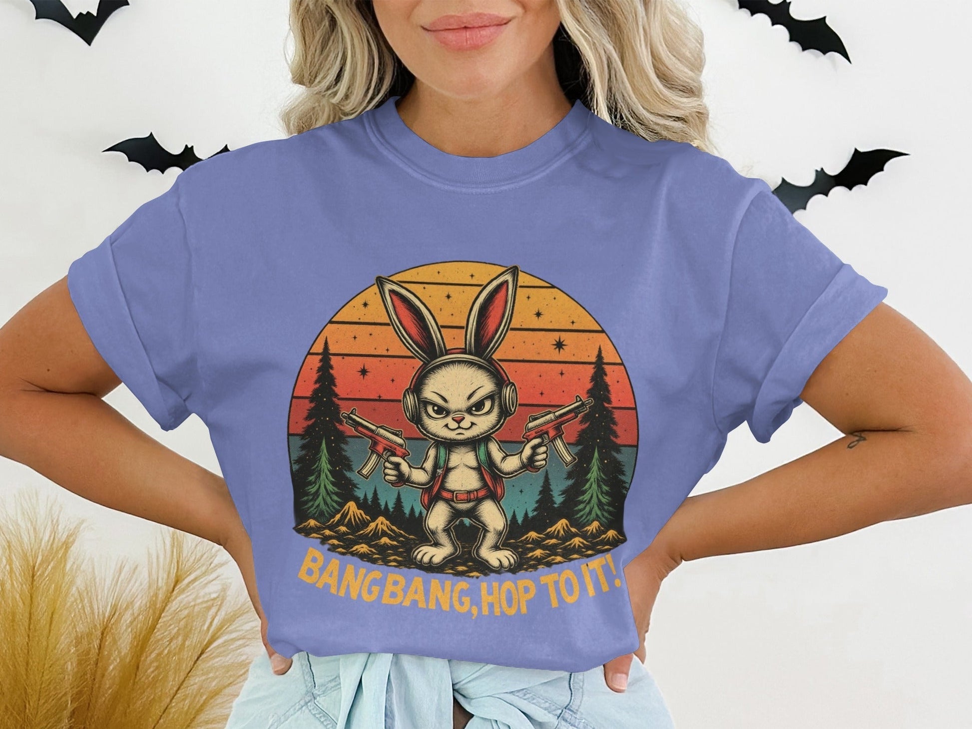 T-Shirt Rabbit With Guns, Bang Bang Hop To It Tee, Funny Bunny T Shirt, Retro Sunset T-Shirt, Animal Shirt, Unisex T Shirt, Easter Shirt - IconVexa