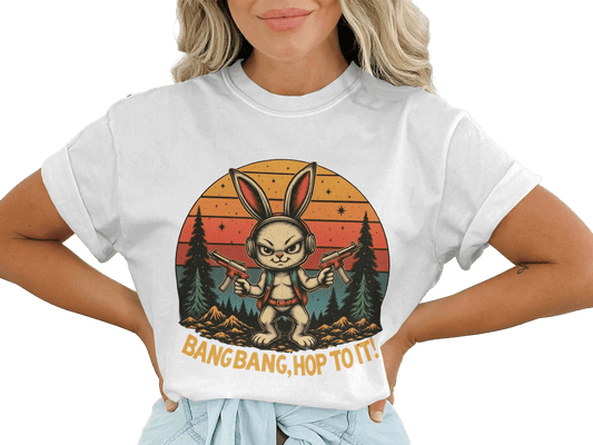 T-Shirt Rabbit With Guns, Bang Bang Hop To It Tee, Funny Bunny T Shirt, Retro Sunset T-Shirt, Animal Shirt, Unisex T Shirt, Easter Shirt - IconVexa