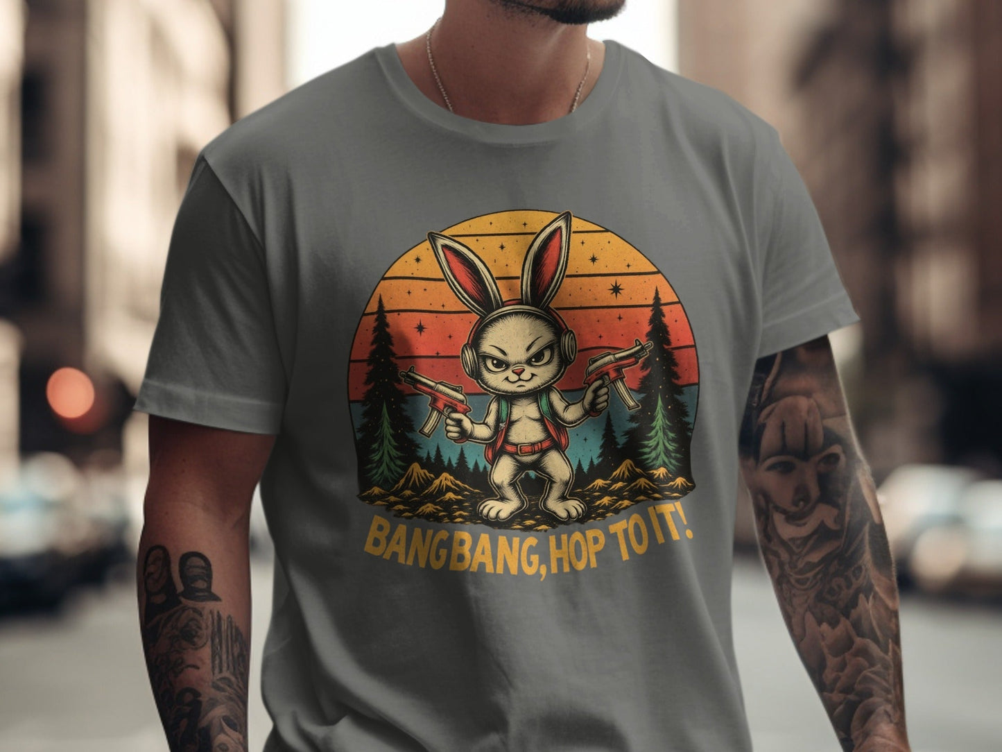 T-Shirt Rabbit With Guns, Bang Bang Hop To It Tee, Funny Bunny T Shirt, Retro Sunset T-Shirt, Animal Shirt, Unisex T Shirt, Easter Shirt - IconVexa