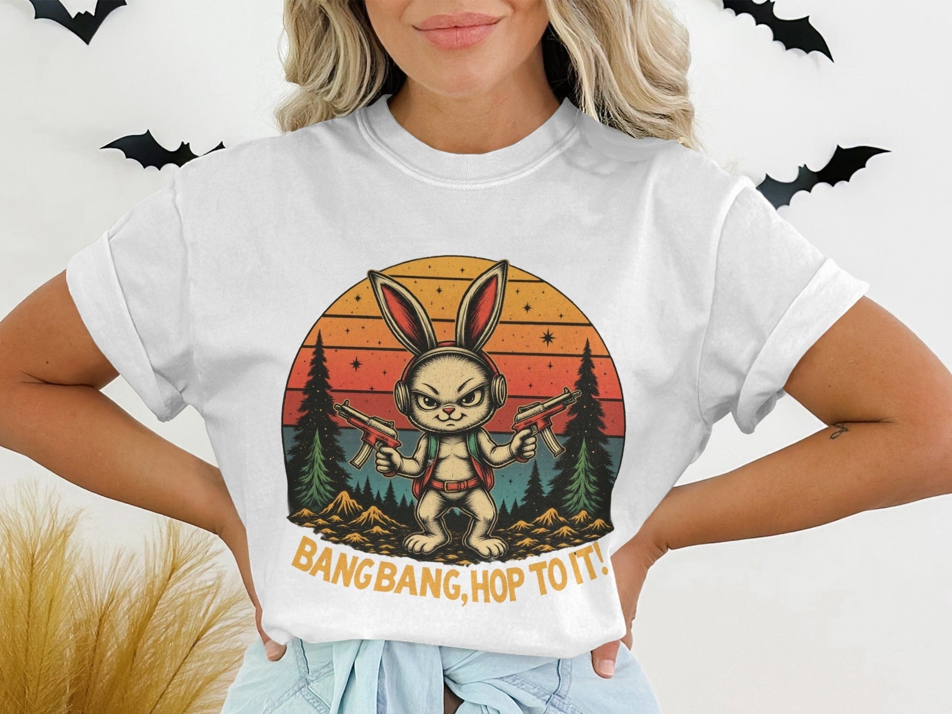 T-Shirt Rabbit With Guns, Bang Bang Hop To It Tee, Funny Bunny T Shirt, Retro Sunset T-Shirt, Animal Shirt, Unisex T Shirt, Easter Shirt - IconVexa