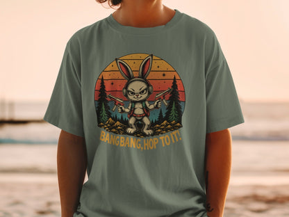 T-Shirt Rabbit With Guns, Bang Bang Hop To It Tee, Funny Bunny T Shirt, Retro Sunset T-Shirt, Animal Shirt, Unisex T Shirt, Easter Shirt - IconVexa