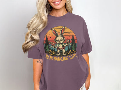 T-Shirt Rabbit With Guns, Bang Bang Hop To It Tee, Funny Bunny T Shirt, Retro Sunset T-Shirt, Animal Shirt, Unisex T Shirt, Easter Shirt - IconVexa
