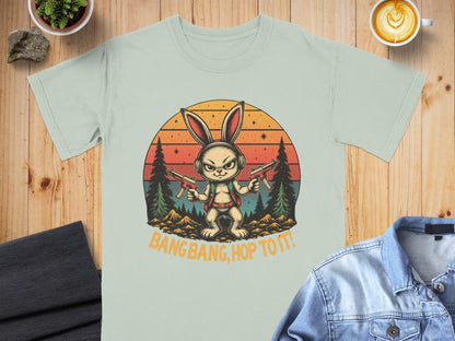 T-Shirt Rabbit With Guns, Bang Bang Hop To It Tee, Funny Bunny T Shirt, Retro Sunset T-Shirt, Animal Shirt, Unisex T Shirt, Easter Shirt - IconVexa