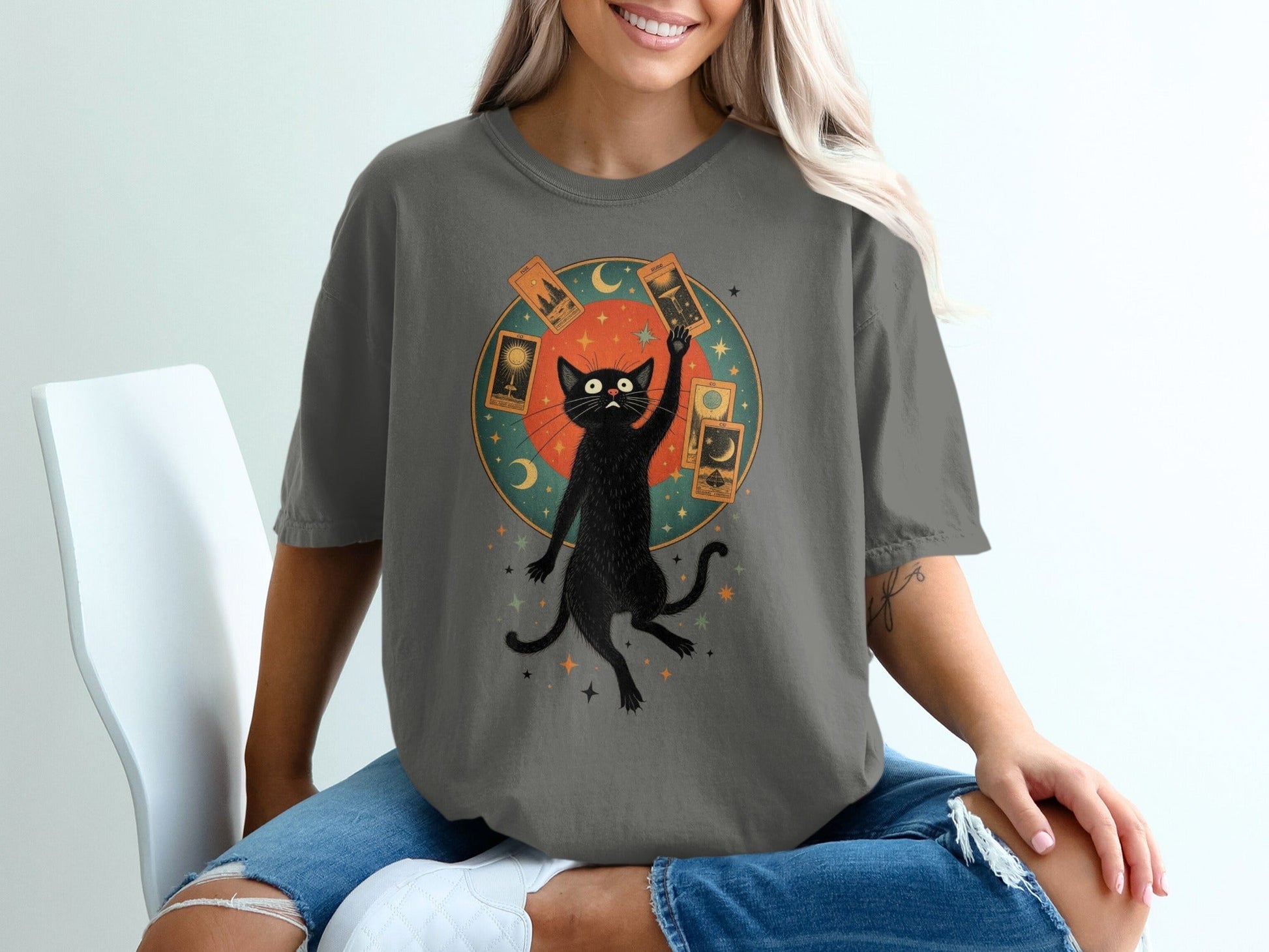 Tarot Cat and Celestial Design Graphic Black T-Shirt - IconVexa