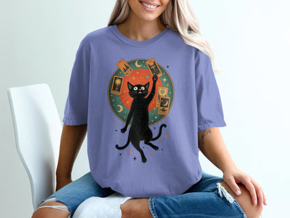Tarot Cat and Celestial Design Graphic Black T-Shirt - IconVexa