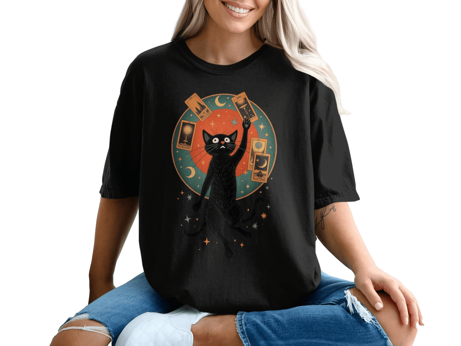 Tarot Cat and Celestial Design Graphic Black T-Shirt - IconVexa