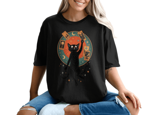 Tarot Cat and Celestial Design Graphic Black T-Shirt - IconVexa