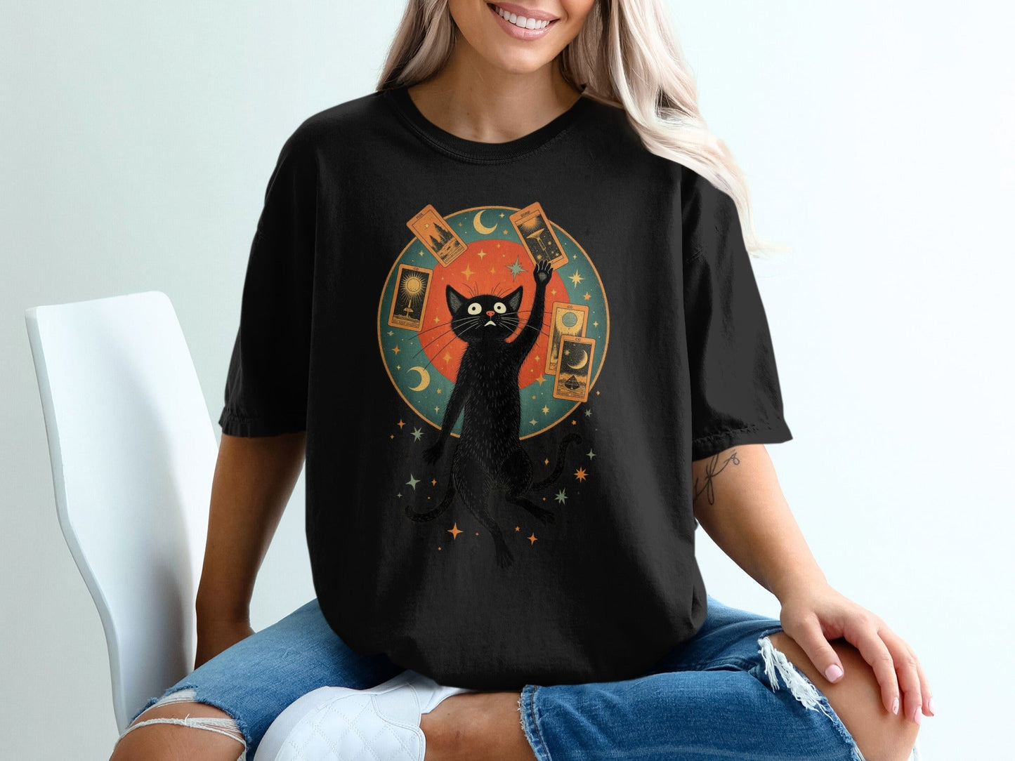 Tarot Cat and Celestial Design Graphic Black T-Shirt - IconVexa