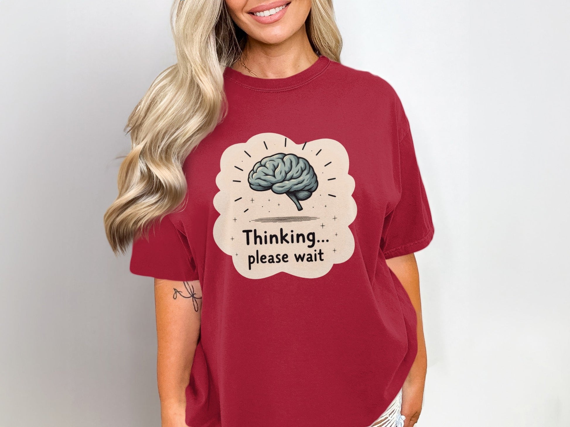 Thinking Please Wait T-Shirt, Brain Design T-Shirt, Funny T-Shirt, Graphic Tee, Trendy Shirt, Gift Idea - IconVexa