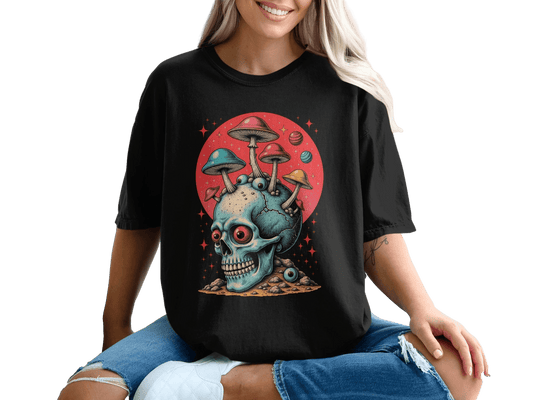 Trippy Fungi Skull with Planets Graphic Design T-Shirt - IconVexa