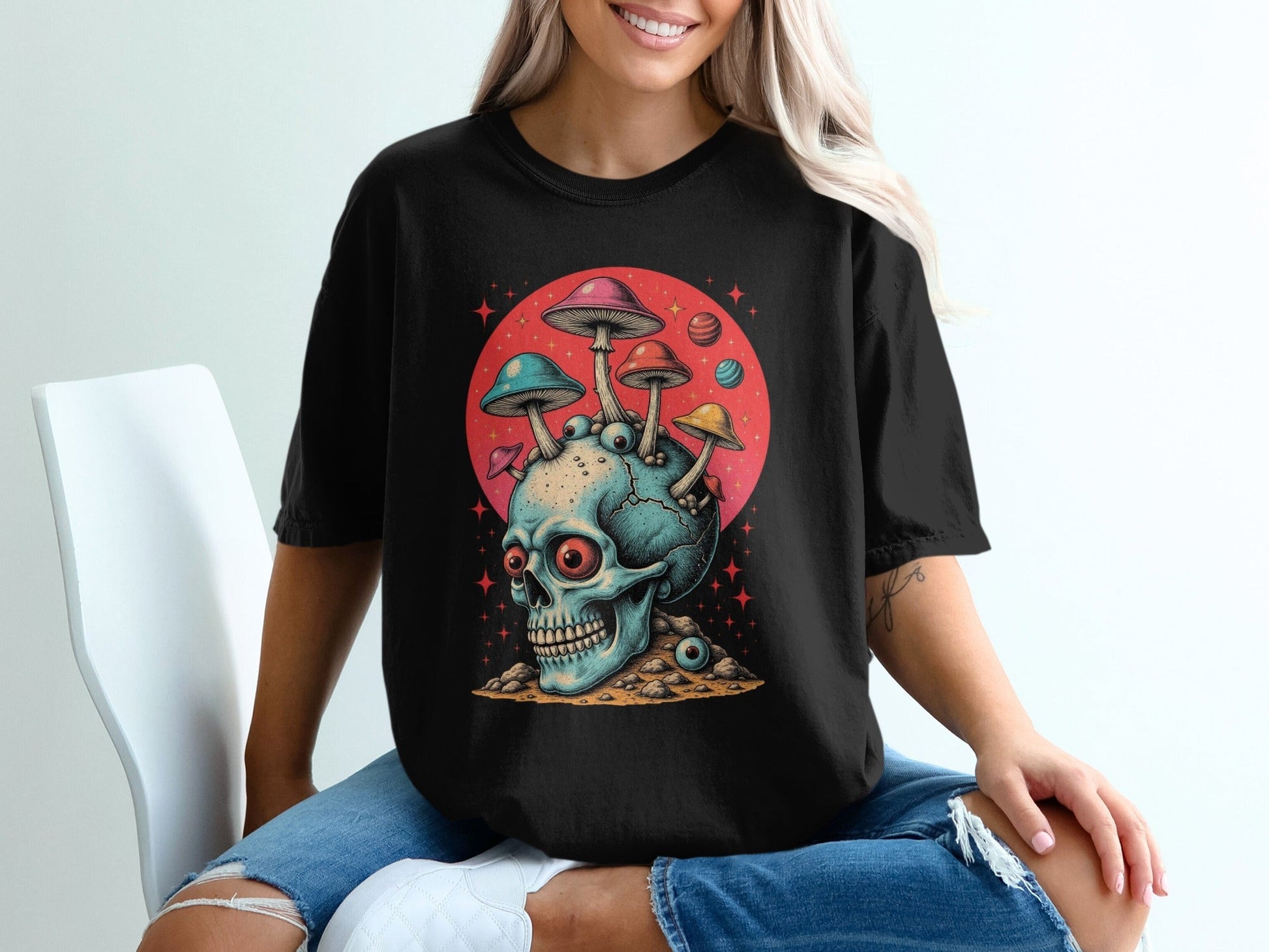 Trippy Fungi Skull with Planets Graphic Design T-Shirt - IconVexa