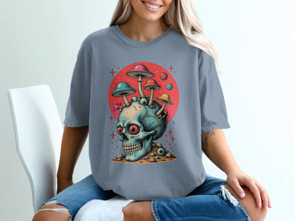 Trippy Fungi Skull with Planets Graphic Design T-Shirt - IconVexa