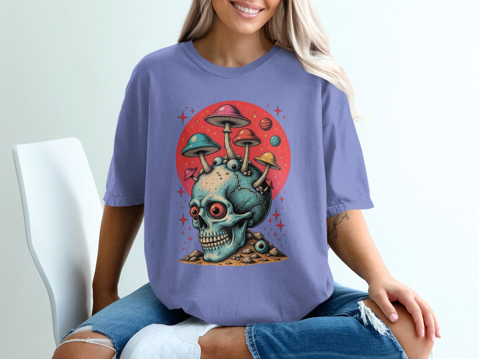 Trippy Fungi Skull with Planets Graphic Design T-Shirt - IconVexa