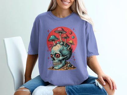 Trippy Fungi Skull with Planets Graphic Design T-Shirt - IconVexa
