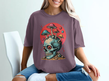 Trippy Fungi Skull with Planets Graphic Design T-Shirt - IconVexa