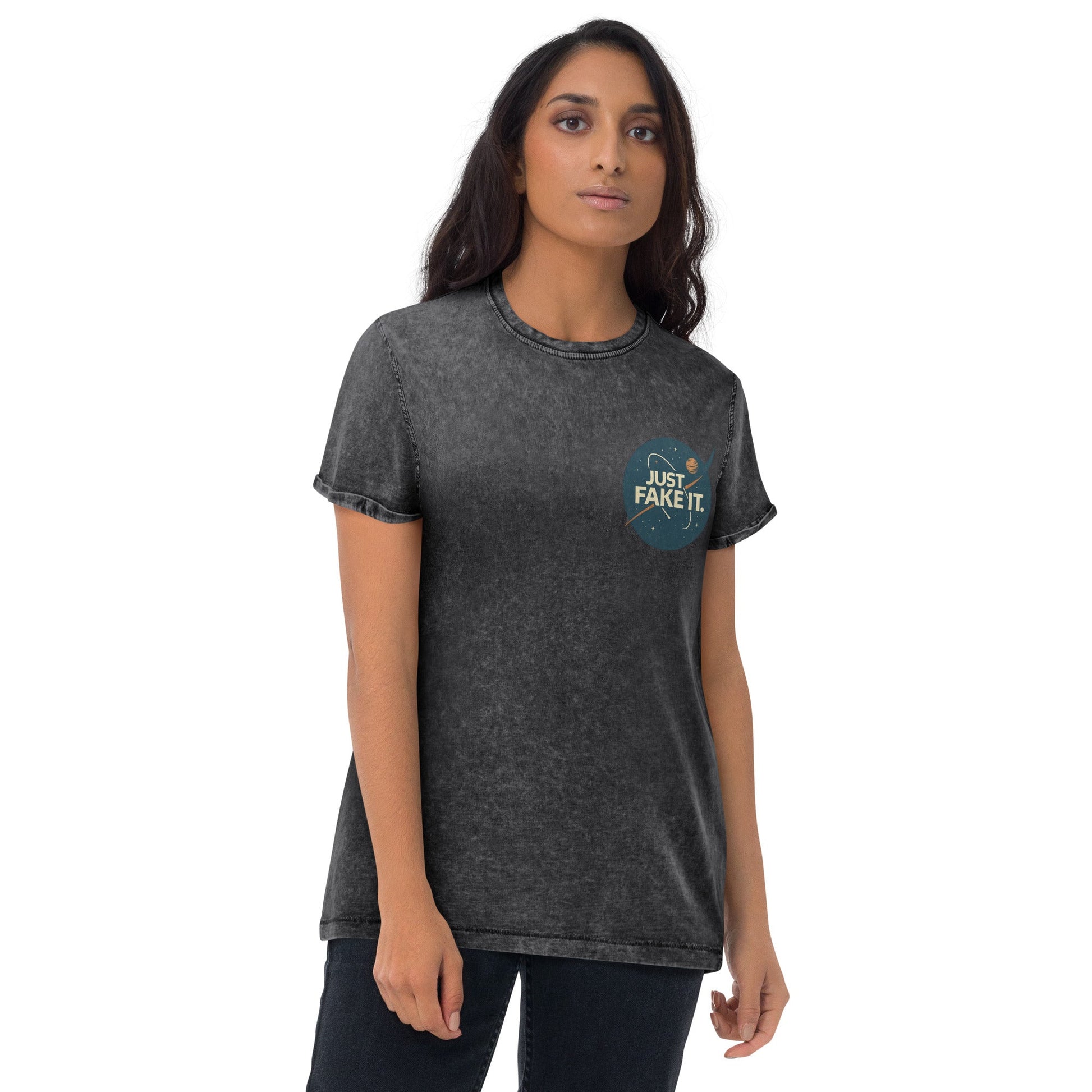 Just Fake It Space Tee | Funny Graphic Shirt | Cosmic Parody Streetwear Top - IconVexa