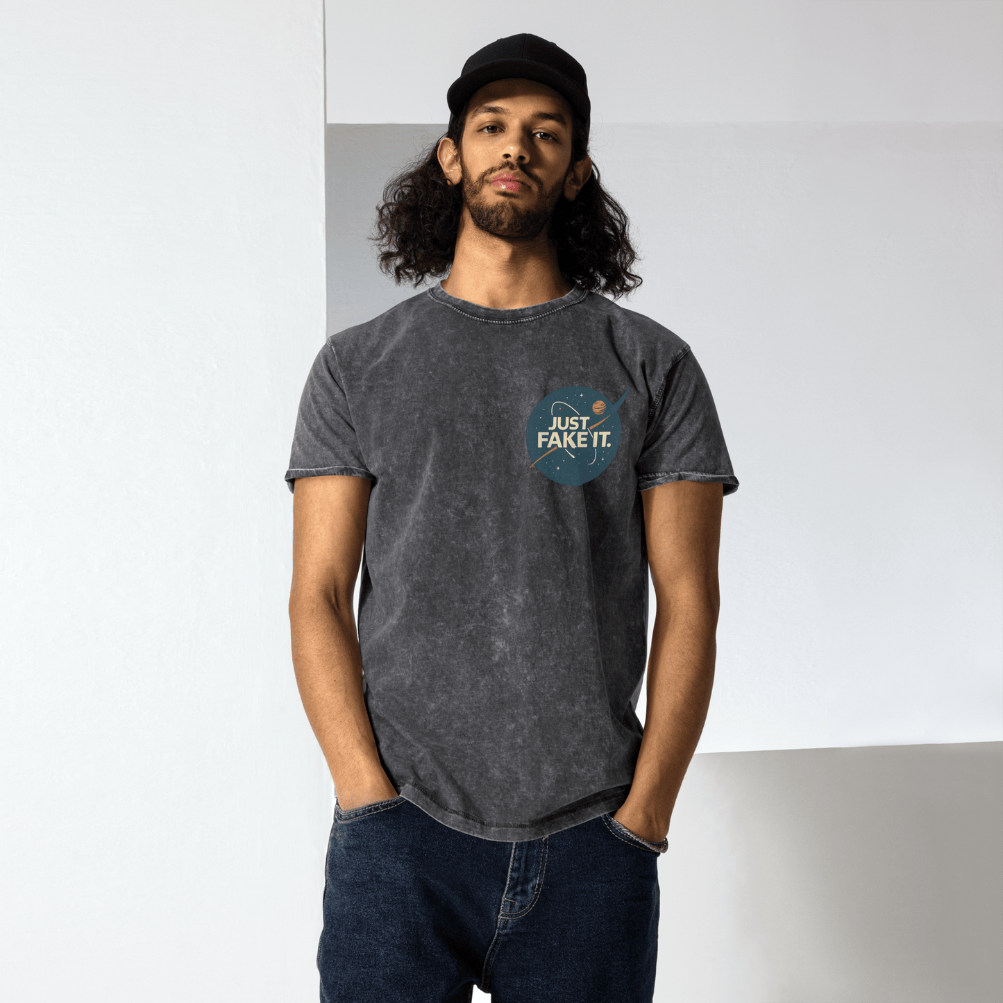 Just Fake It Space Tee | Funny Graphic Shirt | Cosmic Parody Streetwear Top - IconVexa