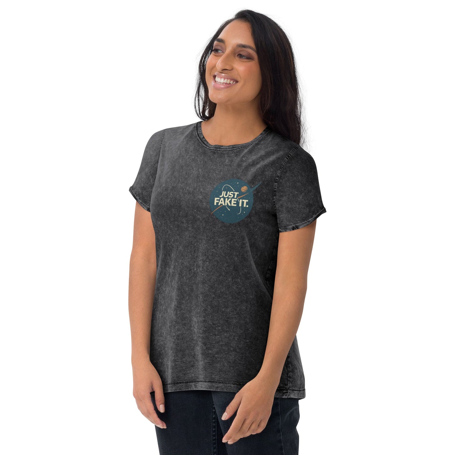 Just Fake It Space Tee | Funny Graphic Shirt | Cosmic Parody Streetwear Top - IconVexa