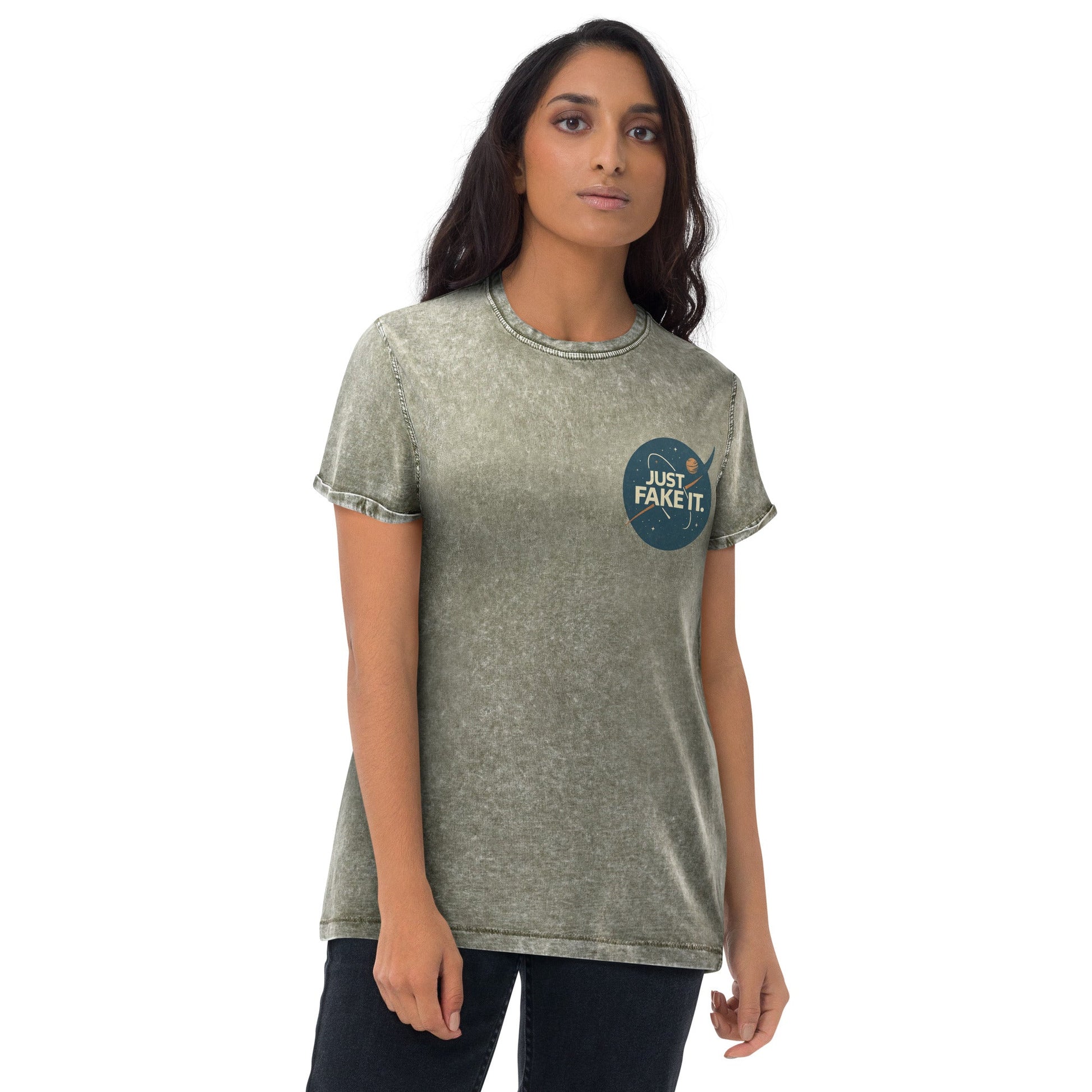 Just Fake It Space Tee | Funny Graphic Shirt | Cosmic Parody Streetwear Top - IconVexa