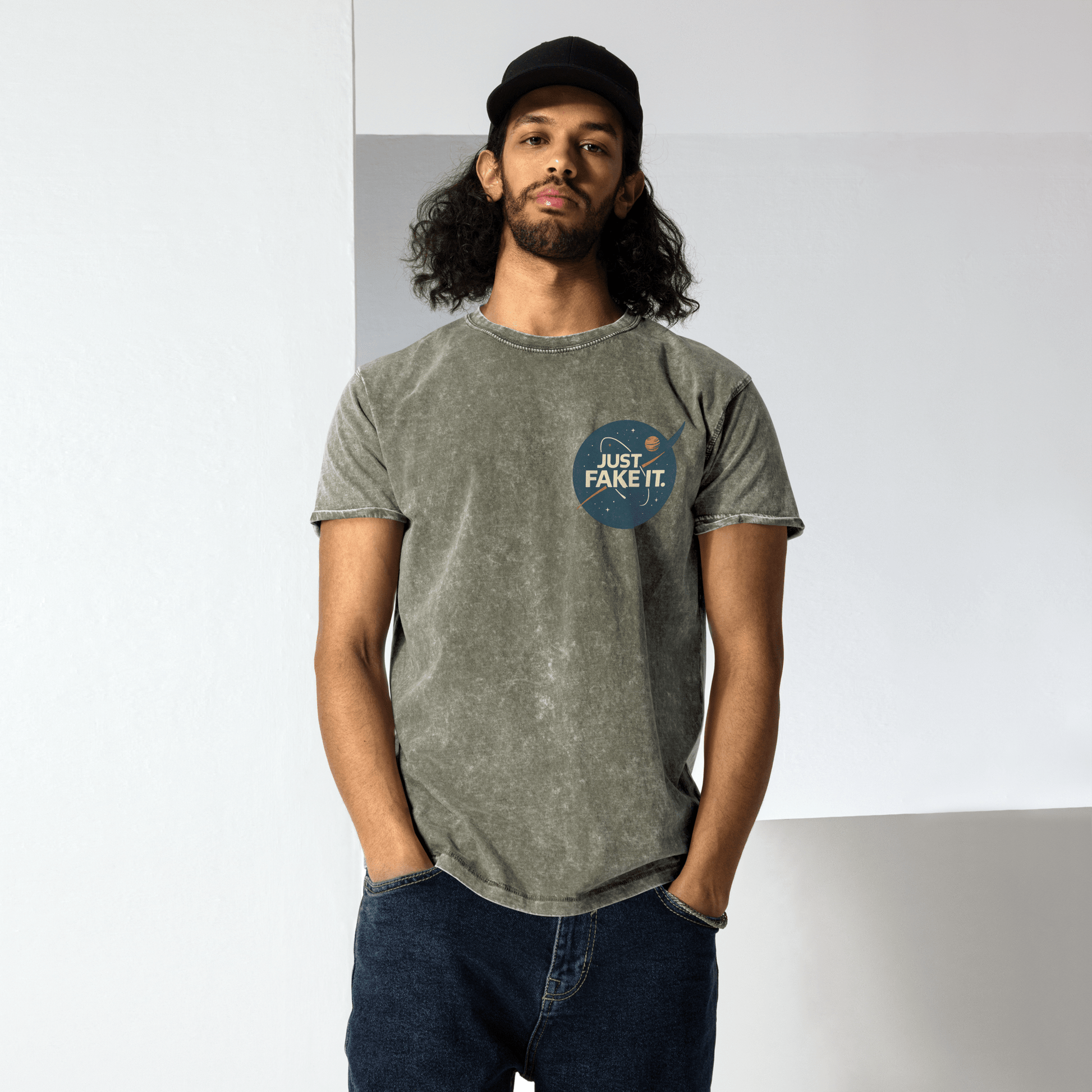 Just Fake It Space Tee | Funny Graphic Shirt | Cosmic Parody Streetwear Top - IconVexa
