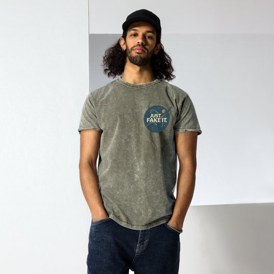 Just Fake It Space Tee | Funny Graphic Shirt | Cosmic Parody Streetwear Top
