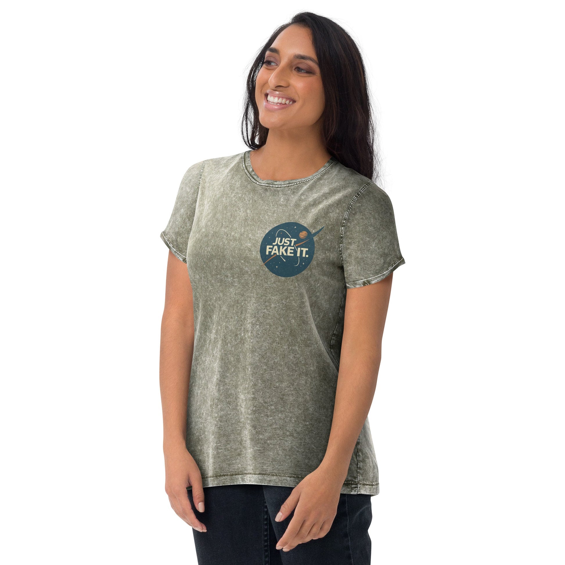 Just Fake It Space Tee | Funny Graphic Shirt | Cosmic Parody Streetwear Top - IconVexa
