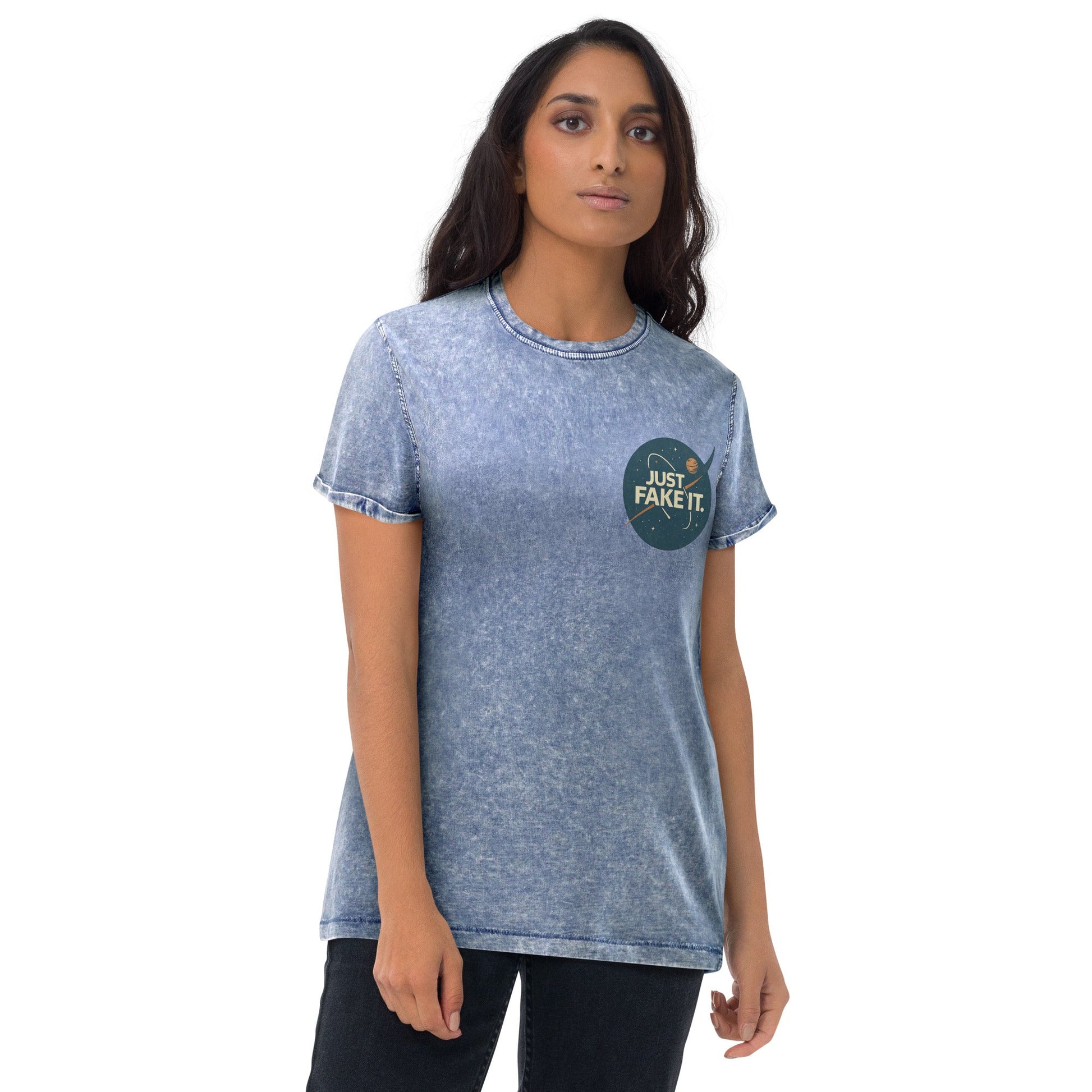 Just Fake It Space Tee | Funny Graphic Shirt | Cosmic Parody Streetwear Top - IconVexa