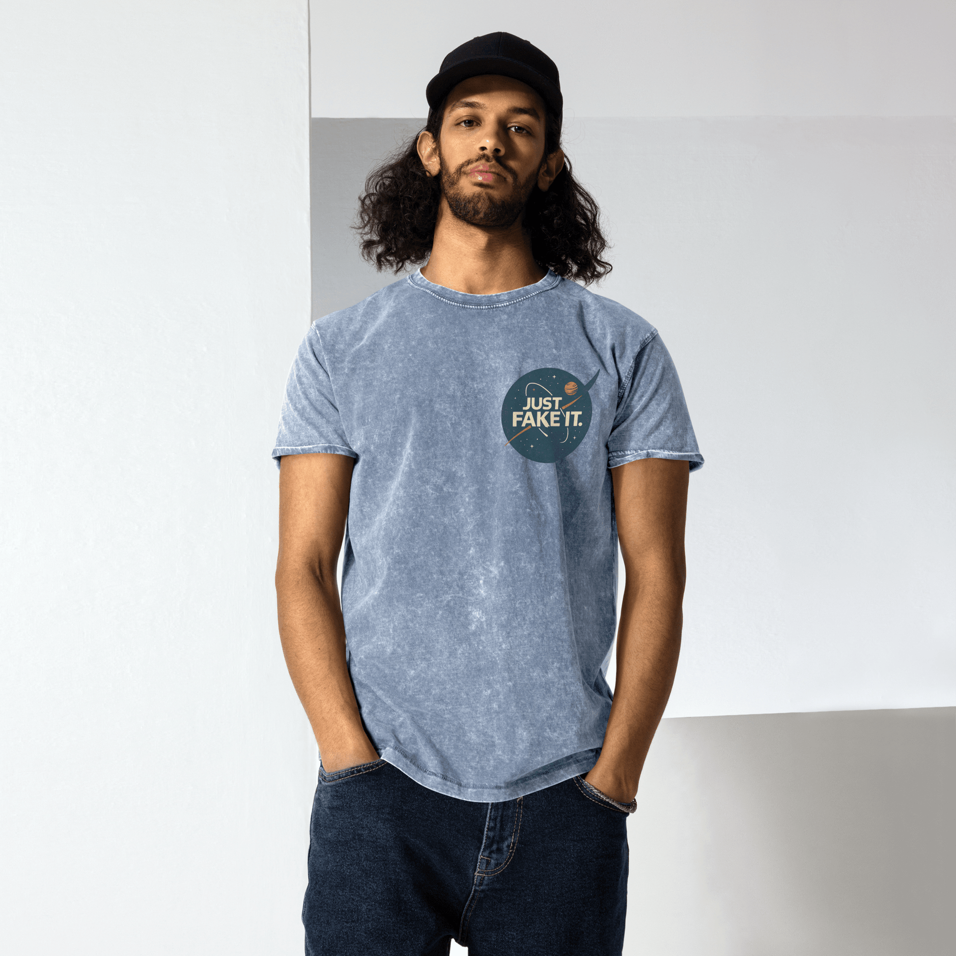 Just Fake It Space Tee | Funny Graphic Shirt | Cosmic Parody Streetwear Top - IconVexa