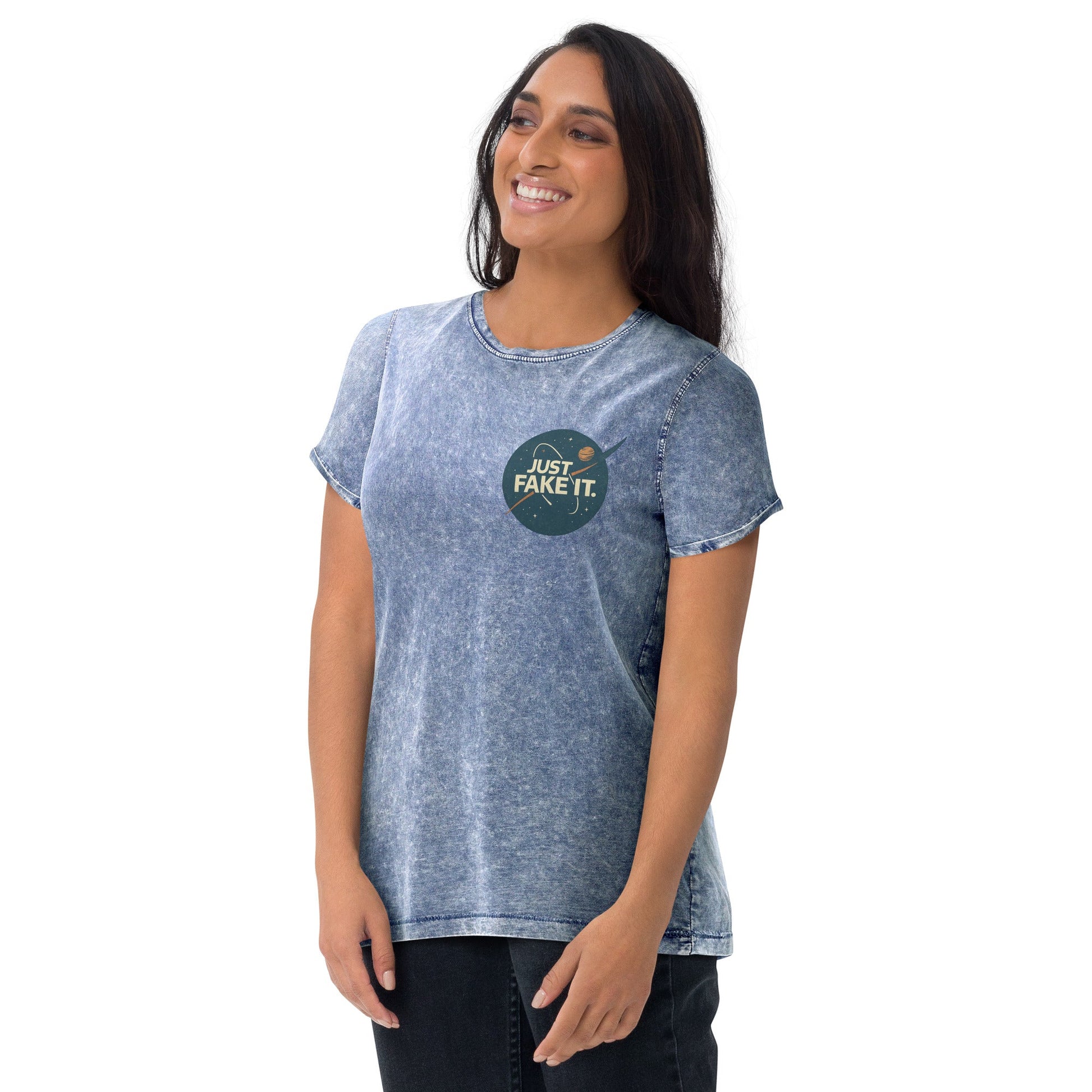 Just Fake It Space Tee | Funny Graphic Shirt | Cosmic Parody Streetwear Top - IconVexa