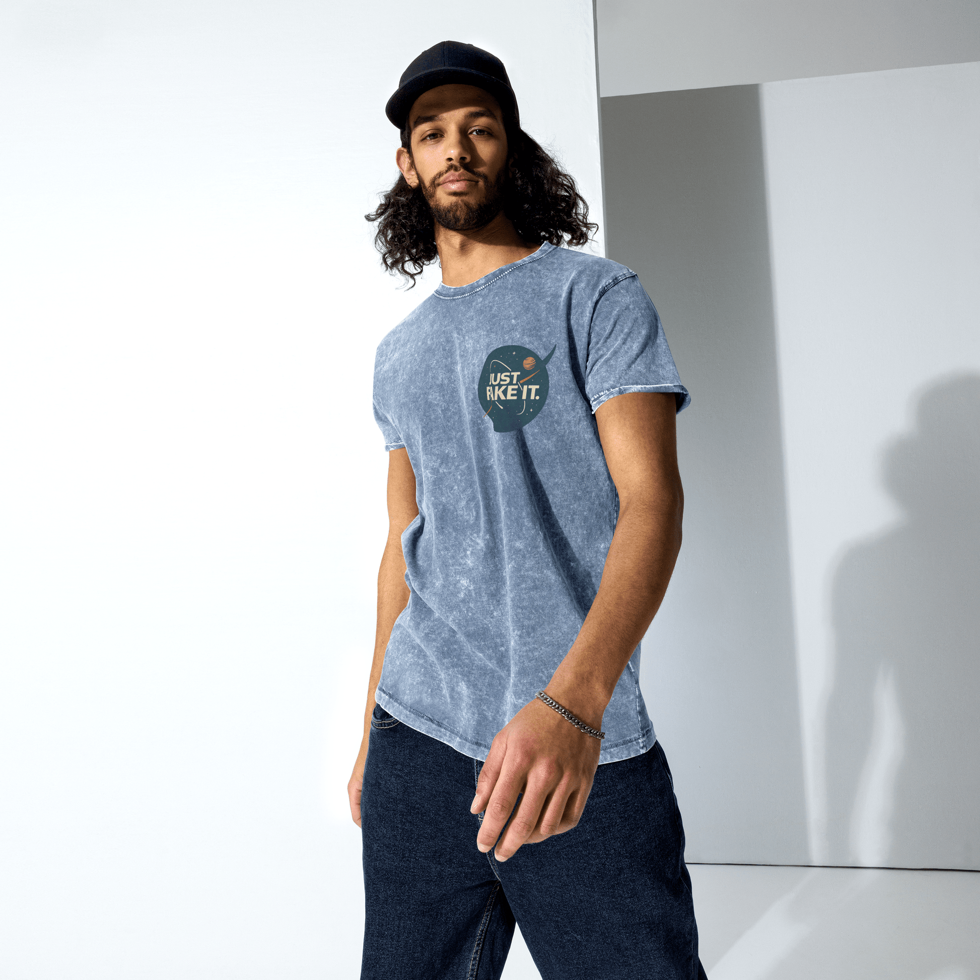 Just Fake It Space Tee | Funny Graphic Shirt | Cosmic Parody Streetwear Top - IconVexa