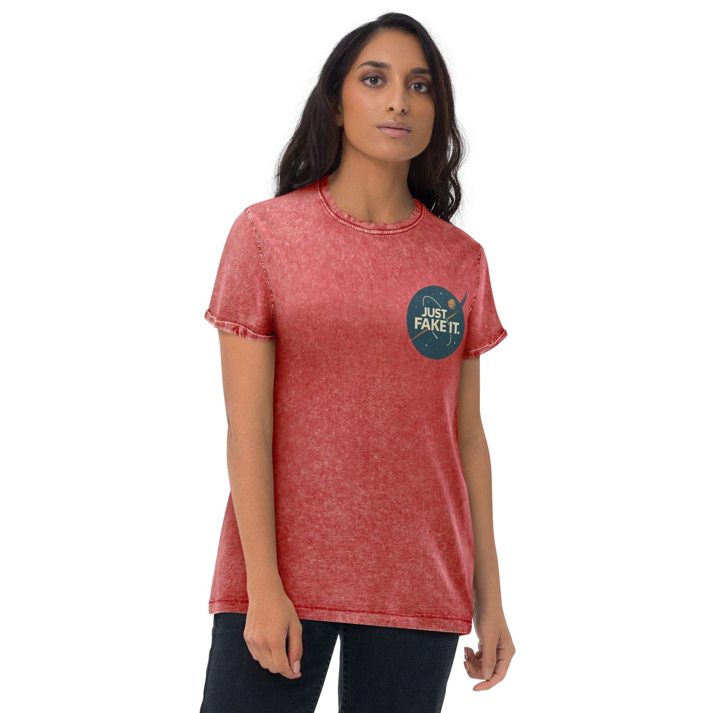 Just Fake It Space Tee | Funny Graphic Shirt | Cosmic Parody Streetwear Top - IconVexa