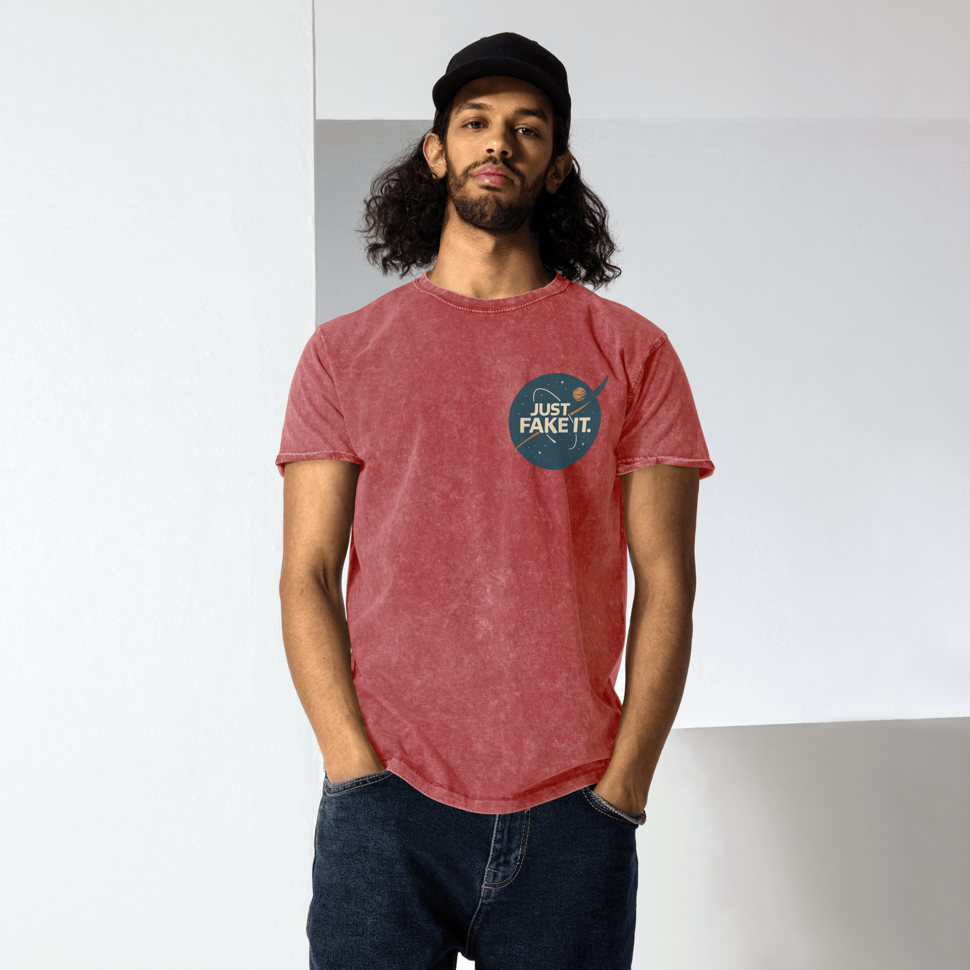Just Fake It Space Tee | Funny Graphic Shirt | Cosmic Parody Streetwear Top - IconVexa