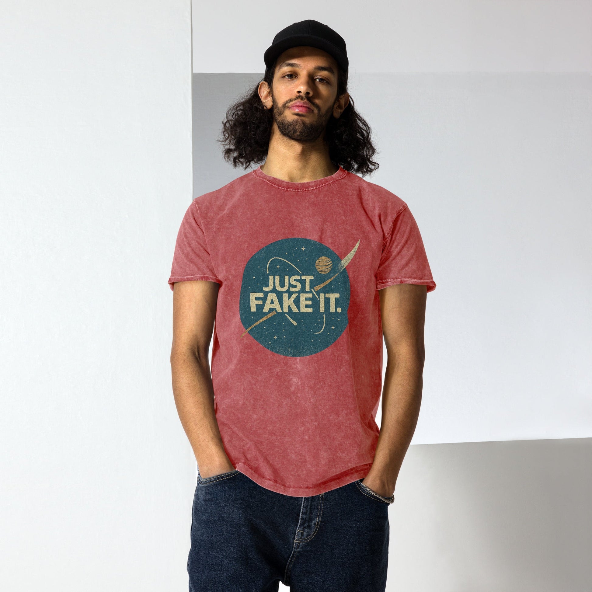 Just Fake It Space Shirt | Funny Graphic Tee | Retro Streetwear for Him or Her - IconVexa