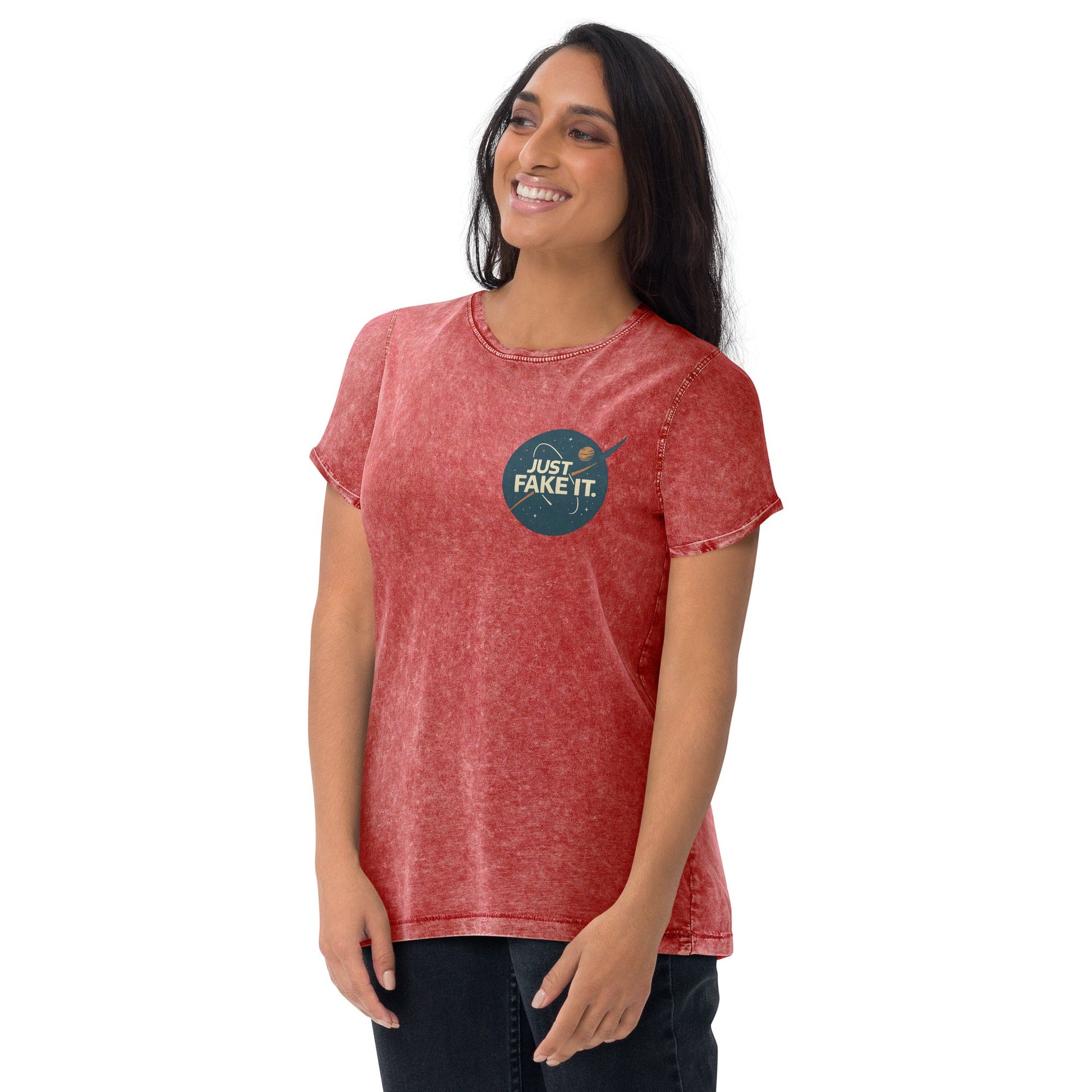 Just Fake It Space Tee | Funny Graphic Shirt | Cosmic Parody Streetwear Top - IconVexa