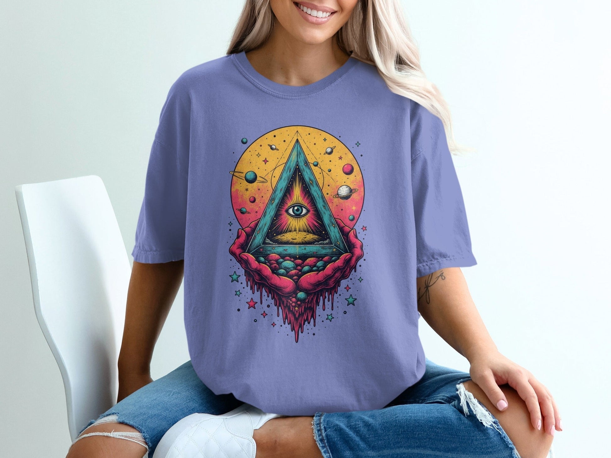 Universe In Hands Artistic Design Graphic Print T-Shirt - IconVexa