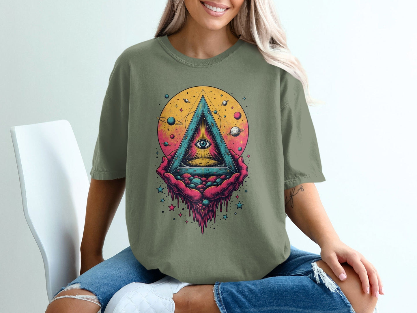 Universe In Hands Artistic Design Graphic Print T-Shirt - IconVexa