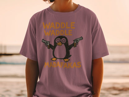 Waddle Waddle Penguin T-Shirt, Funny Penguin Shirt, Penguin with Guns Tee, Penguin Lover Gift, Cool Graphic T-Shirt, Unique Penguin Design - IconVexa