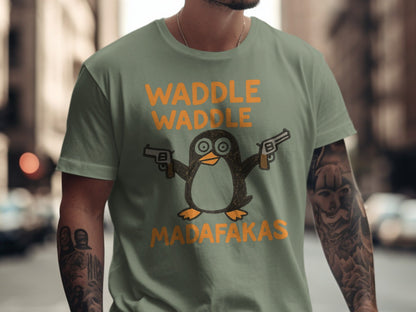 Waddle Waddle Penguin T-Shirt, Funny Penguin Shirt, Penguin with Guns Tee, Penguin Lover Gift, Cool Graphic T-Shirt, Unique Penguin Design - IconVexa