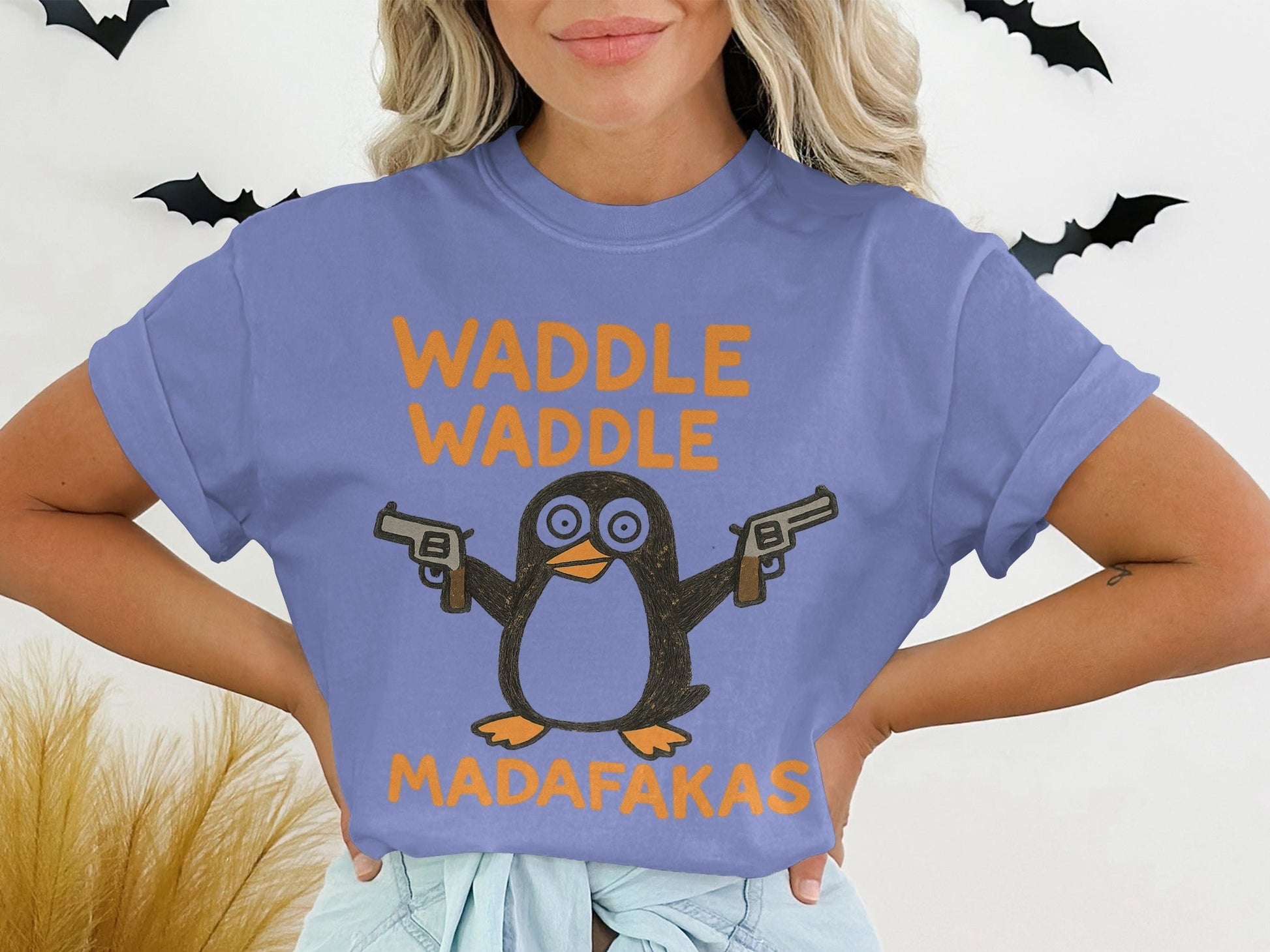 Waddle Waddle Penguin T-Shirt, Funny Penguin Shirt, Penguin with Guns Tee, Penguin Lover Gift, Cool Graphic T-Shirt, Unique Penguin Design - IconVexa