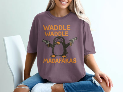 Waddle Waddle Penguin T-Shirt, Funny Penguin Shirt, Penguin with Guns Tee, Penguin Lover Gift, Cool Graphic T-Shirt, Unique Penguin Design - IconVexa