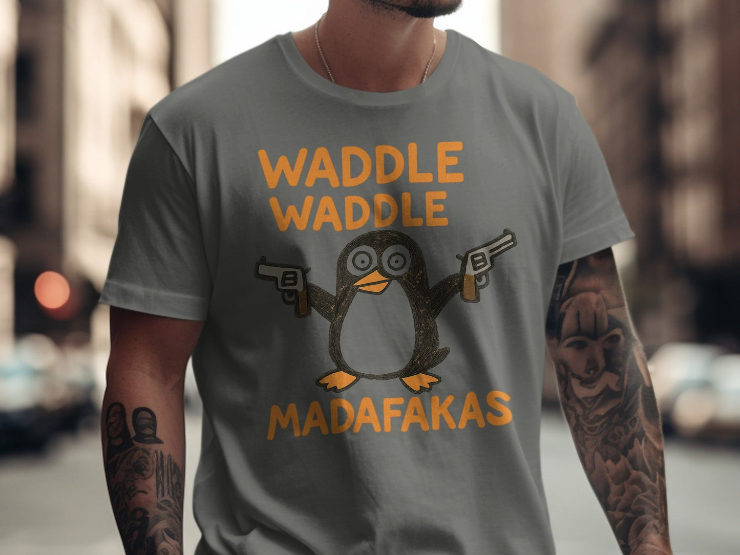 Waddle Waddle Penguin T-Shirt, Funny Penguin Shirt, Penguin with Guns Tee, Penguin Lover Gift, Cool Graphic T-Shirt, Unique Penguin Design - IconVexa