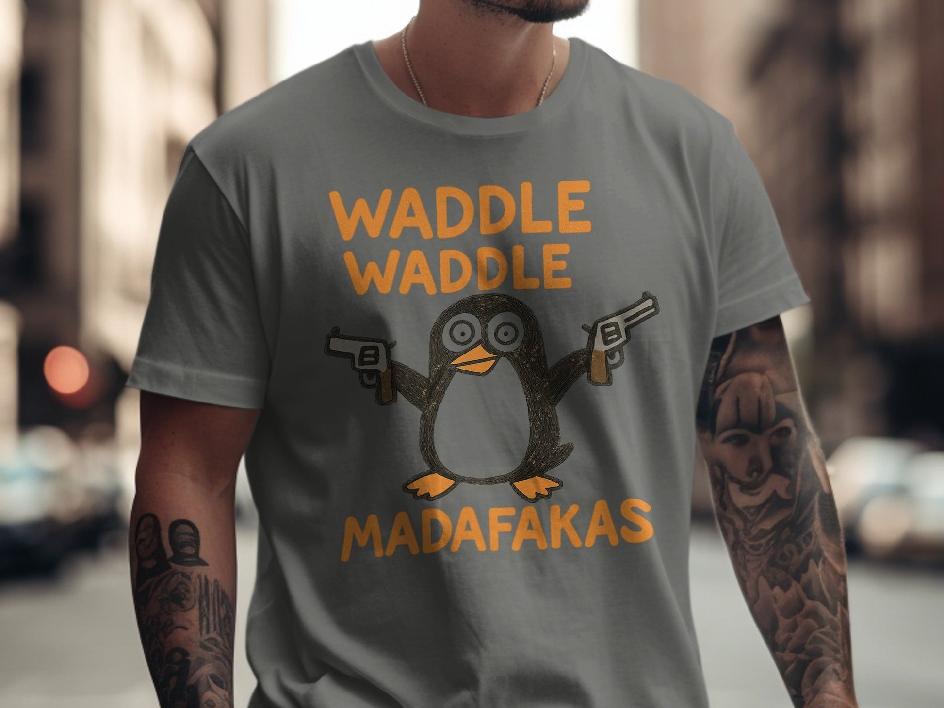 Waddle Waddle Penguin T-Shirt, Funny Penguin Shirt, Penguin with Guns Tee, Penguin Lover Gift, Cool Graphic T-Shirt, Unique Penguin Design - IconVexa