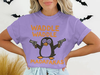 Waddle Waddle Penguin T-Shirt, Funny Penguin Shirt, Penguin with Guns Tee, Penguin Lover Gift, Cool Graphic T-Shirt, Unique Penguin Design - IconVexa
