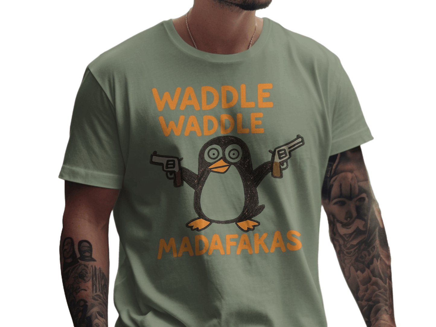 Waddle Waddle Penguin T-Shirt, Funny Penguin Shirt, Penguin with Guns Tee, Penguin Lover Gift, Cool Graphic T-Shirt, Unique Penguin Design - IconVexa