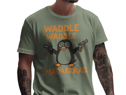 Waddle Waddle Penguin T-Shirt, Funny Penguin Shirt, Penguin with Guns Tee, Penguin Lover Gift, Cool Graphic T-Shirt, Unique Penguin Design - IconVexa