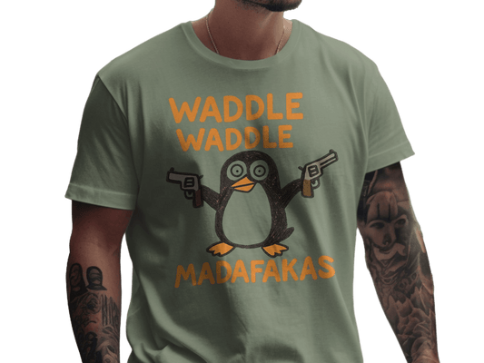 Waddle Waddle Penguin T-Shirt, Funny Penguin Shirt, Penguin with Guns Tee, Penguin Lover Gift, Cool Graphic T-Shirt, Unique Penguin Design - IconVexa