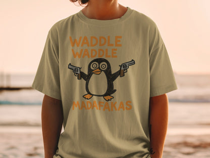 Waddle Waddle Penguin T-Shirt, Funny Penguin Shirt, Penguin with Guns Tee, Penguin Lover Gift, Cool Graphic T-Shirt, Unique Penguin Design - IconVexa