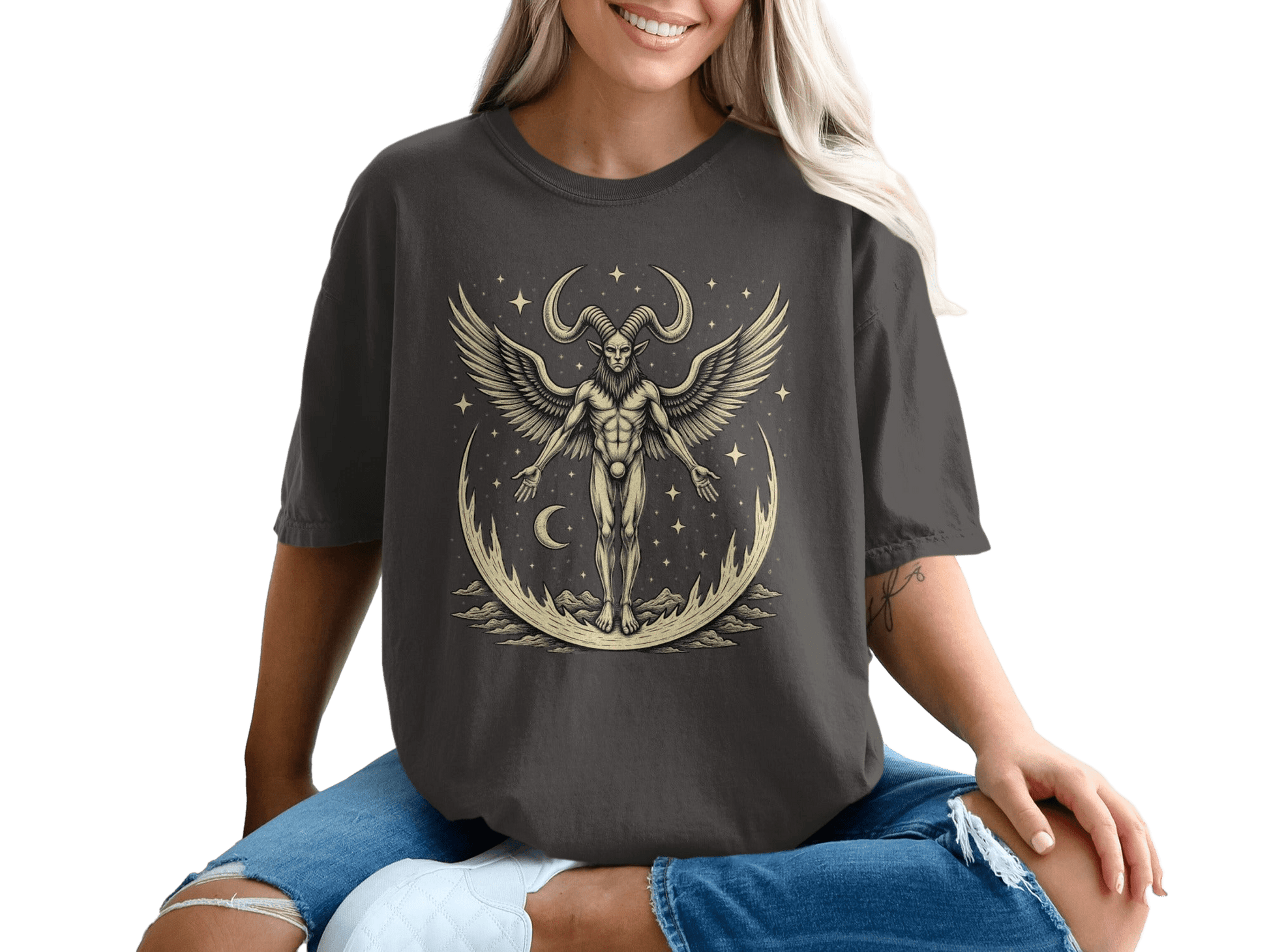 Winged Horned Figure On Crescent Moon Design Graphic T-Shirt - IconVexa